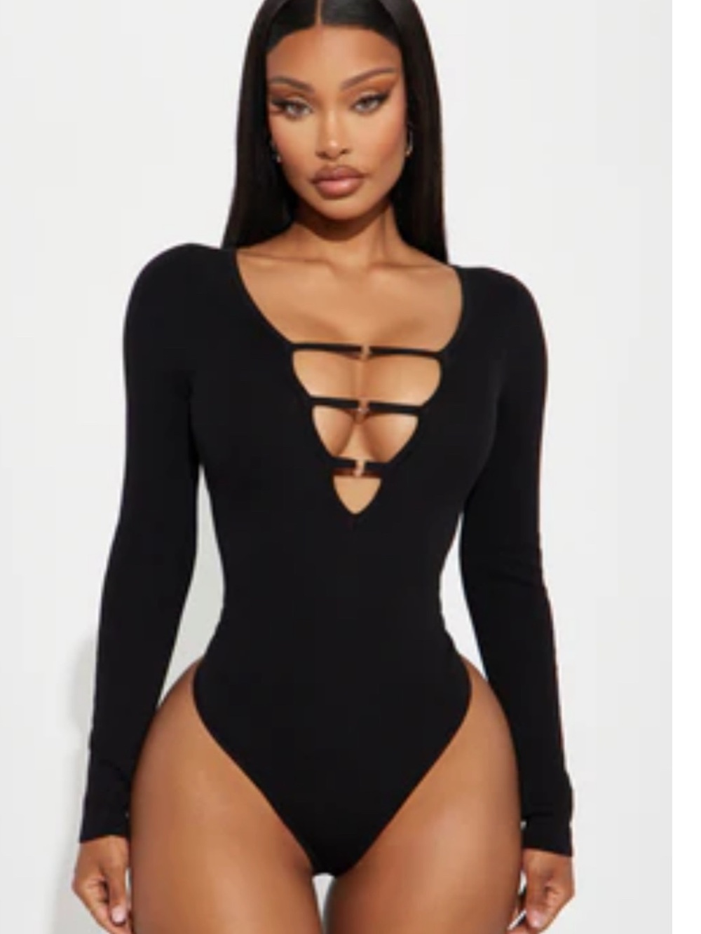 Fashion Nova Black Strappy Plunge Long Sleeve Bodysuit